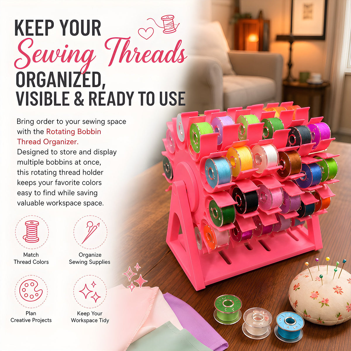 🔥 Last Day 49% OFF - 🧵 360° Rotating Bobbin Organizer – Holds 60 A-Size Bobbins