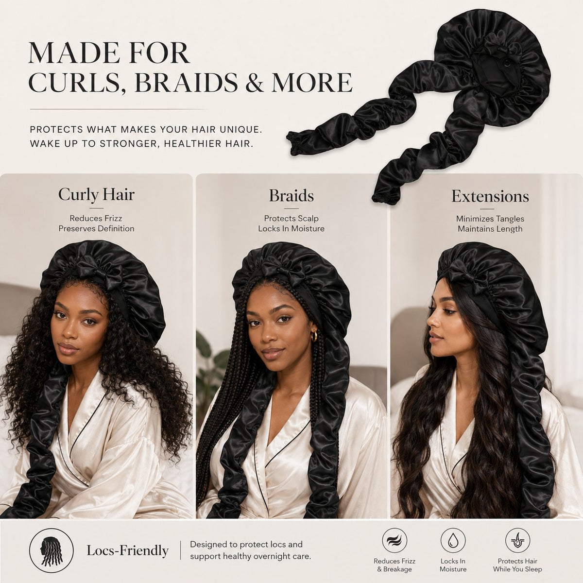 Satin/Silk Bonnet for Long Curly Hair