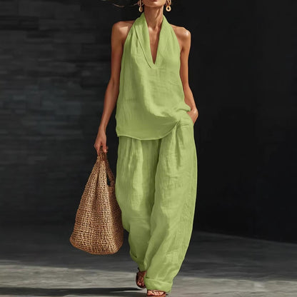 Women's Casual Halter Top & Wide-Leg Pants Set– Halter Top & Wide Leg Pants for Beach & Brunch