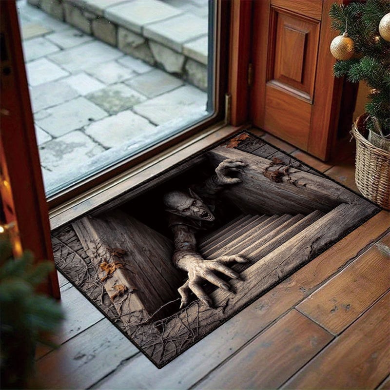 💀3D Illusion Skull Pit Mat – Halloween Area Rug with Skeleton Crawling Out of a Hole