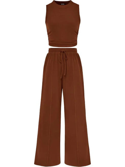 🔥Women Sleeveless Cropped Top Elastic Waist Wide Leg Pants 2 Piece Set