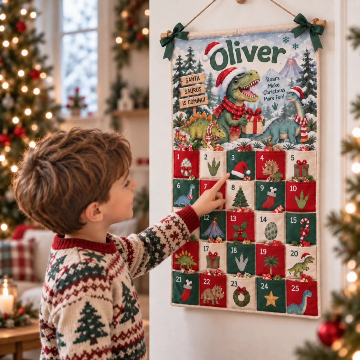Christmas Dinosaur - Personalized Fabric Advent Calendar - Christmas Gift For Kids, Family Members