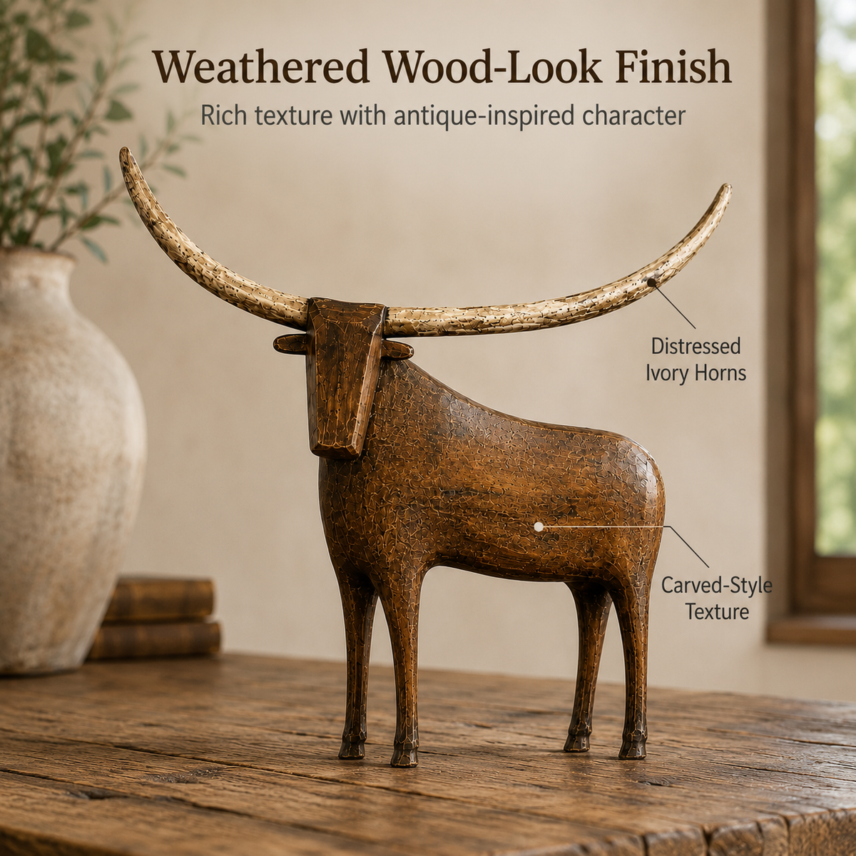 🐂✨ Vintage Longhorn Bull Sculpture – Rustic Western Charm & Bold Home Decor 🤠🏡
