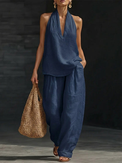 Women's Casual Halter Top & Wide-Leg Pants Set– Halter Top & Wide Leg Pants for Beach & Brunch