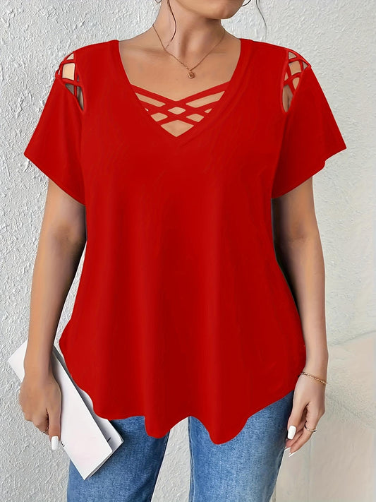 New Arrival🔥Elegant Women's Plus Size V-Neck Short Sleeve T-Shirt, Solid Color Cross Strap Detail, Casual Fashion Top for Ladies