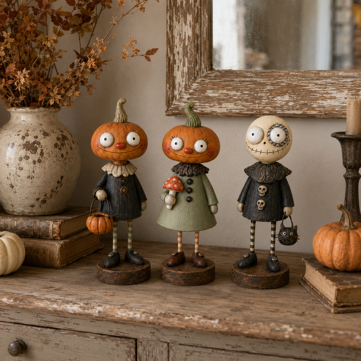 🎃👻 Primitive Pumpkin Friends – Vintage Halloween Figurines for Cozy Spooky Décor! 🕯️🧡