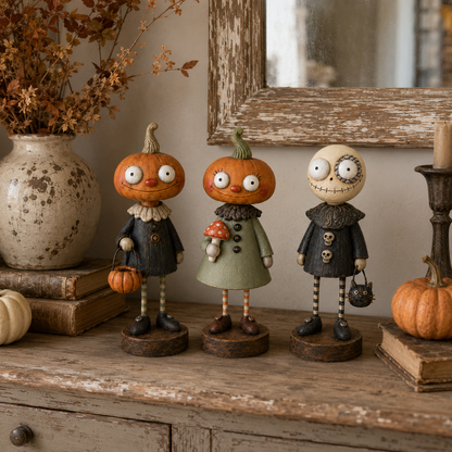 🎃👻 Primitive Pumpkin Friends – Vintage Halloween Figurines for Cozy Spooky Décor! 🕯️🧡
