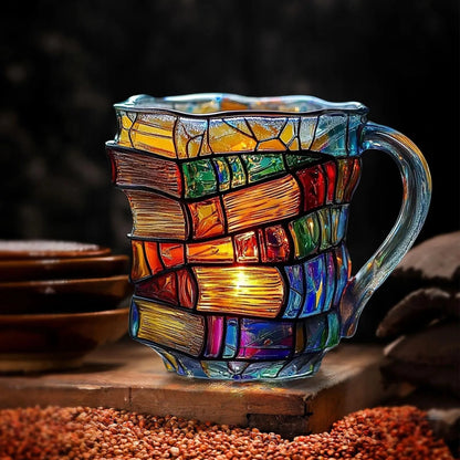 📚☕✨ Hand-Painted 3D Book Stack Glass Mug – Cozy Reader Gift for Book Lovers! 💕📖🌟