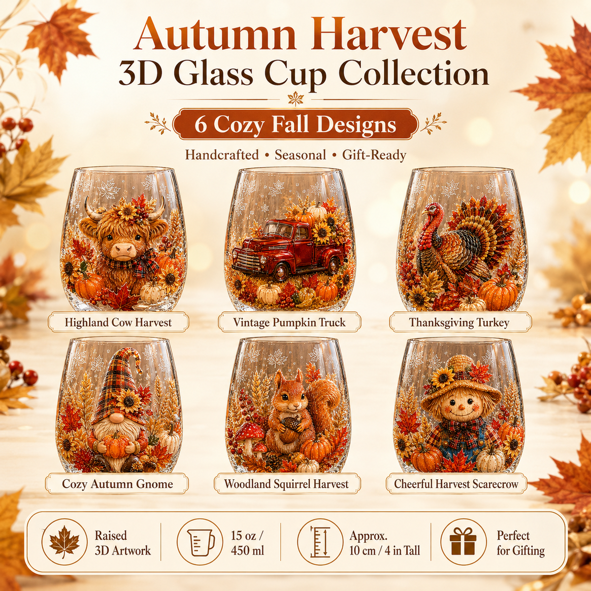 🔥 Last Day 50% OFF✨-🍂Autumn Harvest 3D Glass Cup Gift Set – 6 Festive Designs