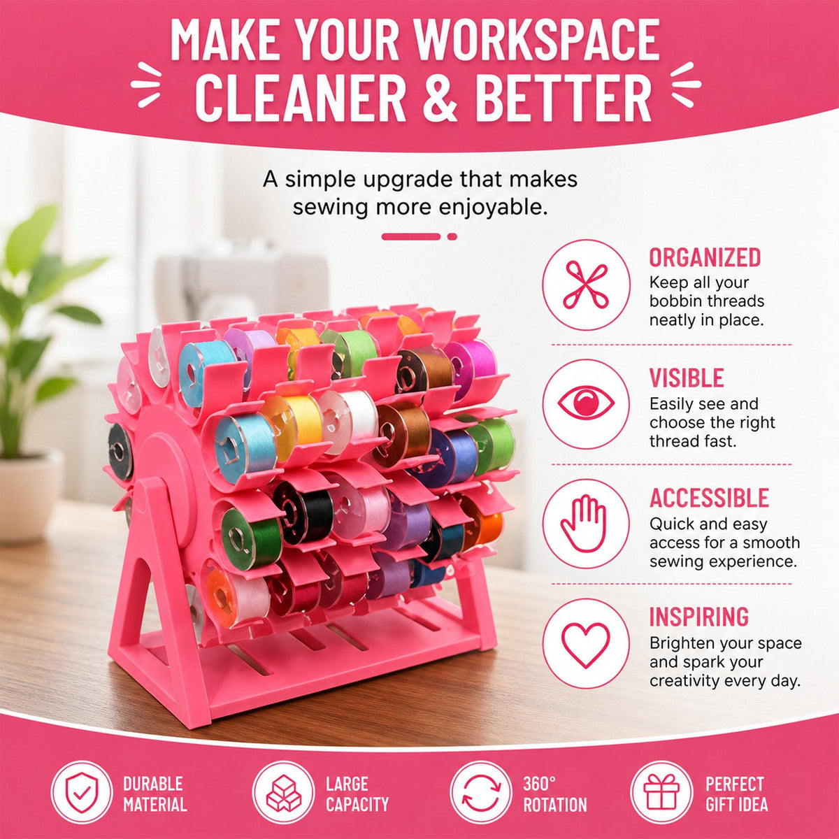 🔥 Last Day 49% OFF - 🧵 360° Rotating Bobbin Organizer – Holds 60 A-Size Bobbins