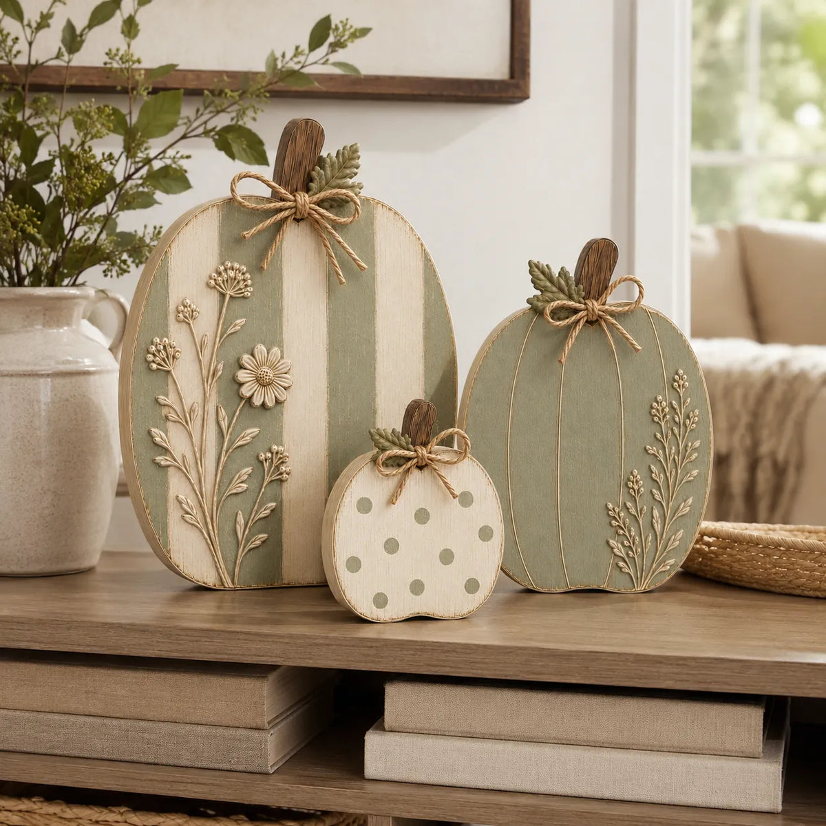 🎃🌿Sage Cream Wooden Pumpkin Trio Rustic Fall Home Decor🍂✨