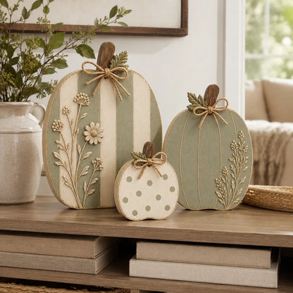 🎃🌿Sage Cream Wooden Pumpkin Trio Rustic Fall Home Decor🍂✨