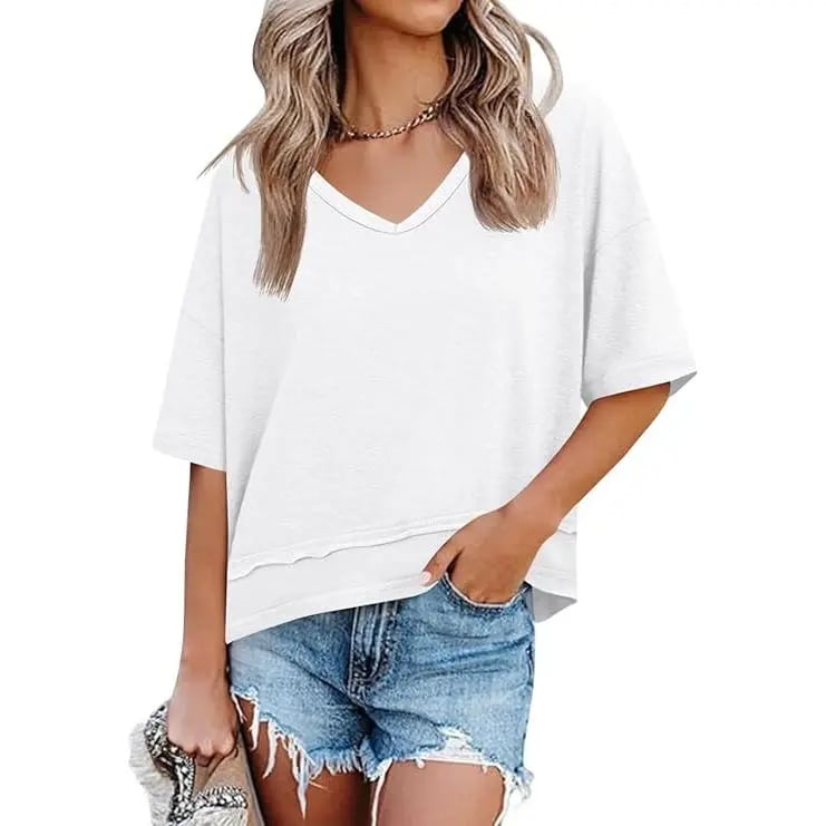Women's Summer V Neck T Shirts Casual Short Sleeve Flowy Tops Cute Loose Fit Basic Tees Premium Blend Fabric Flattering V Neckline