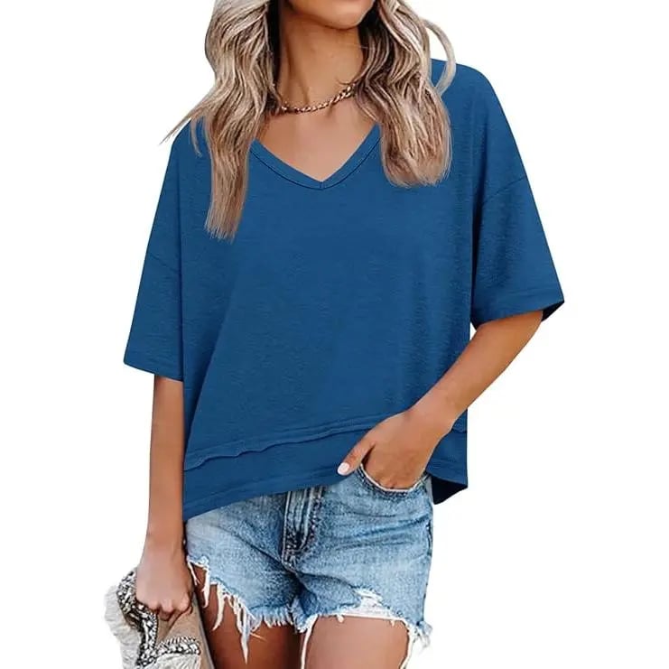 Women's Summer V Neck T Shirts Casual Short Sleeve Flowy Tops Cute Loose Fit Basic Tees Premium Blend Fabric Flattering V Neckline