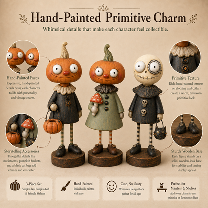🎃👻 Primitive Pumpkin Friends – Vintage Halloween Figurines for Cozy Spooky Décor! 🕯️🧡