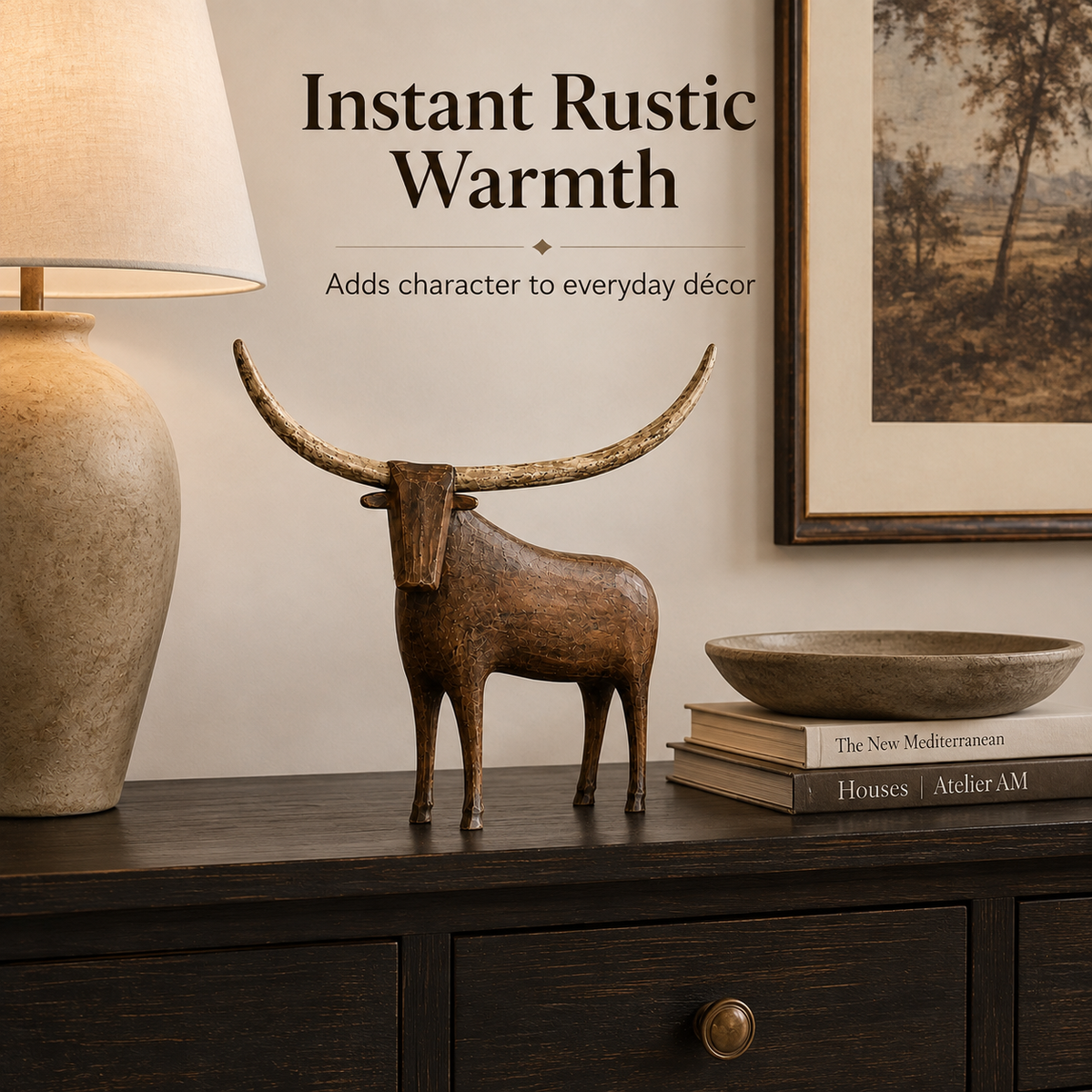 🐂✨ Vintage Longhorn Bull Sculpture – Rustic Western Charm & Bold Home Decor 🤠🏡