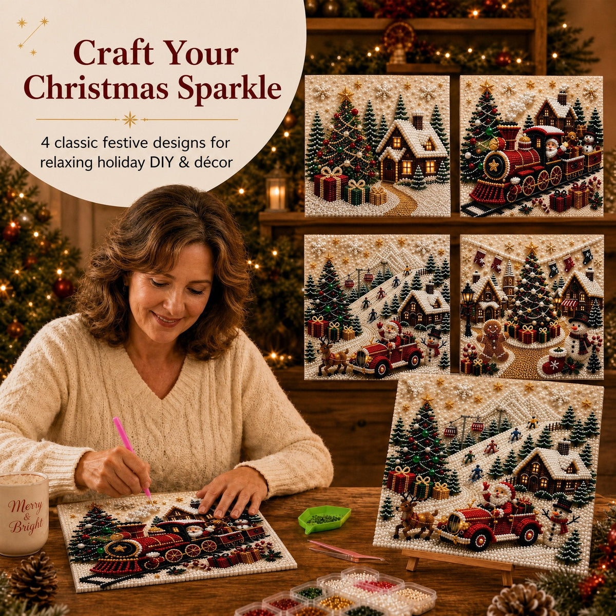 🎅 🎄 Premium 3D Pearl Christmas Wall Art Kit | Luxury Flocked Canvas with Scratch-Resistant Non-Fading Pearl Beads DIY Holiday Decor⛄️❄️