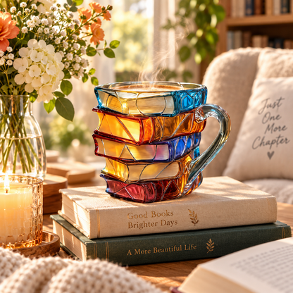 📚☕✨ Hand-Painted 3D Book Stack Glass Mug – Cozy Reader Gift for Book Lovers! 💕📖🌟