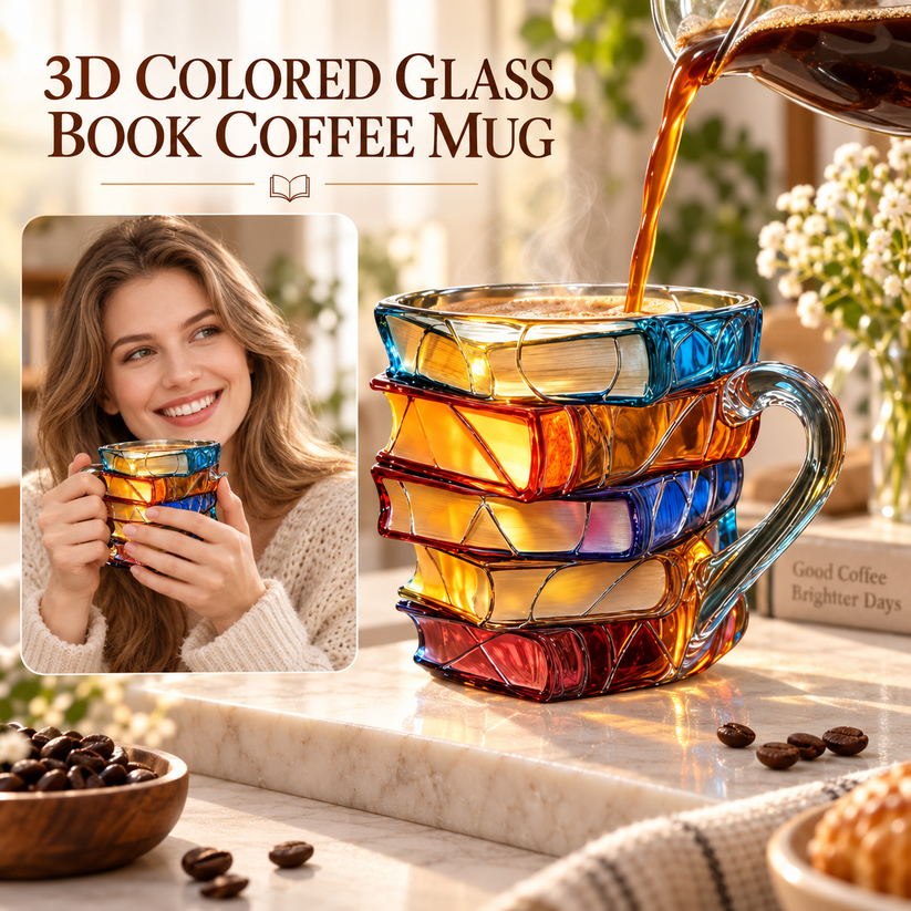 📚☕✨ Hand-Painted 3D Book Stack Glass Mug – Cozy Reader Gift for Book Lovers! 💕📖🌟