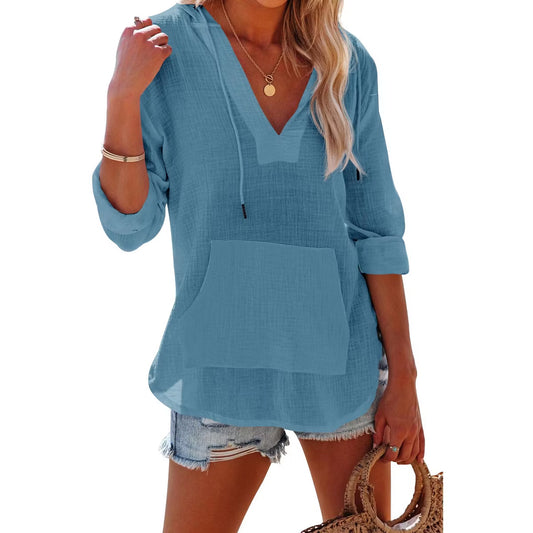 Women's Long Sleeve Beach Sun Protection Top V-Neck Tie Pocket Hoodie