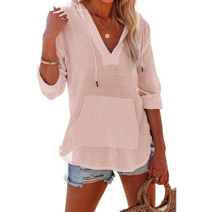 Women's Long Sleeve Beach Sun Protection Top V-Neck Tie Pocket Hoodie