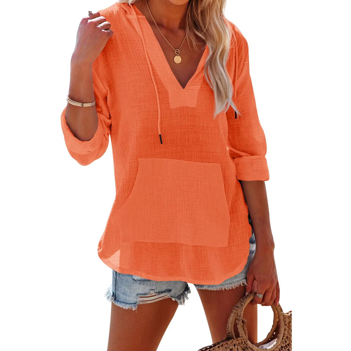 Women's Long Sleeve Beach Sun Protection Top V-Neck Tie Pocket Hoodie