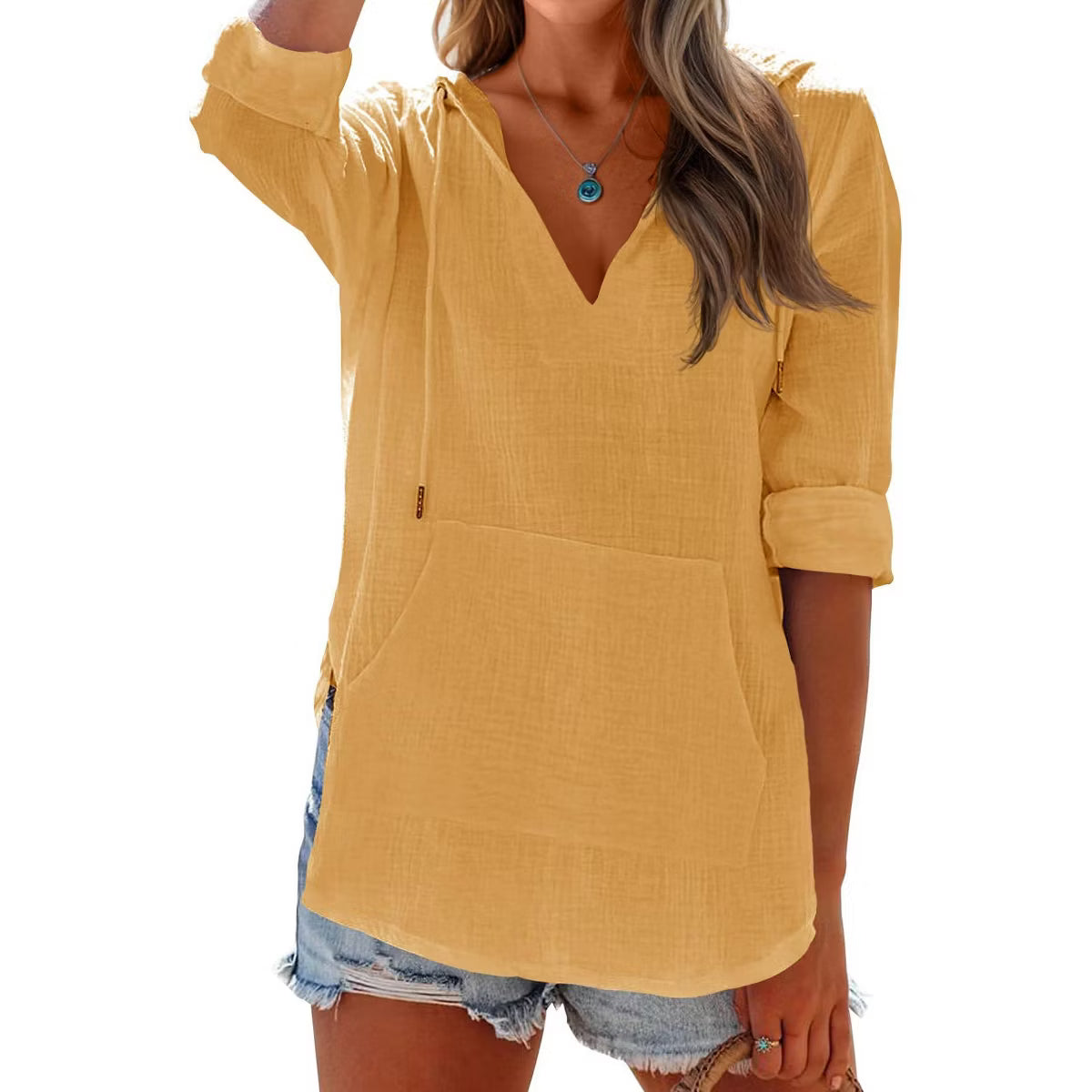 Women's Long Sleeve Beach Sun Protection Top V-Neck Tie Pocket Hoodie