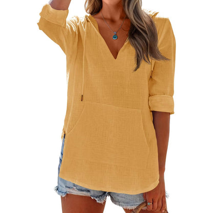 Women's Long Sleeve Beach Sun Protection Top V-Neck Tie Pocket Hoodie