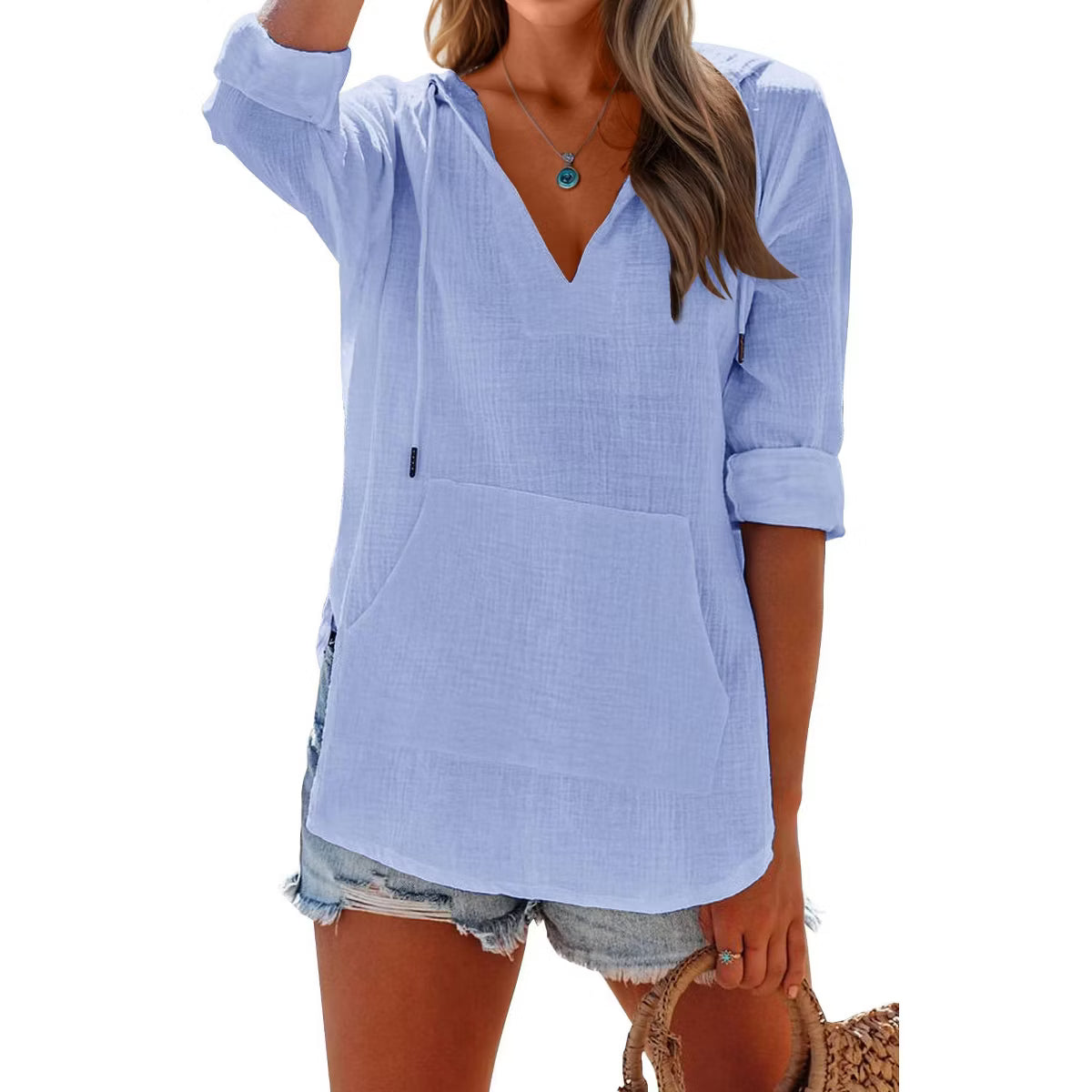 Women's Long Sleeve Beach Sun Protection Top V-Neck Tie Pocket Hoodie