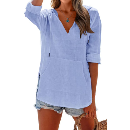 Women's Long Sleeve Beach Sun Protection Top V-Neck Tie Pocket Hoodie