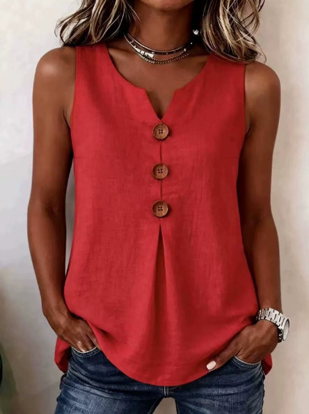 V-neck sleeveless cotton linen button-down top