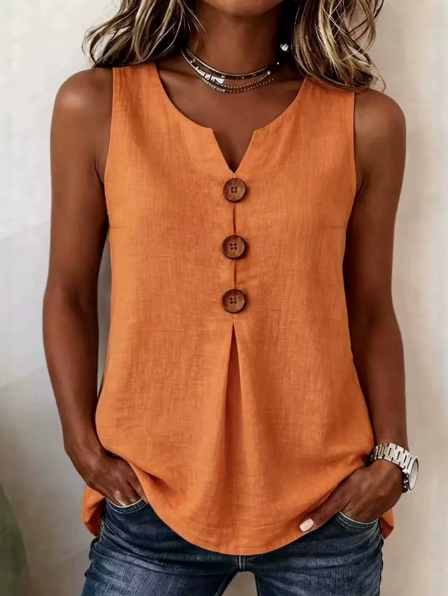 V-neck sleeveless cotton linen button-down top