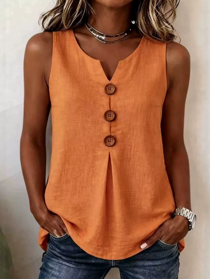 V-neck sleeveless cotton linen button-down top