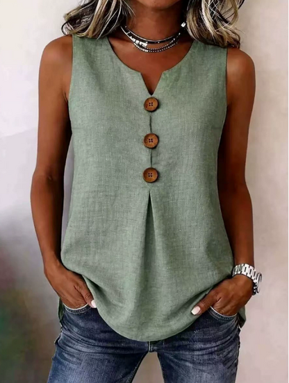 V-neck sleeveless cotton linen button-down top