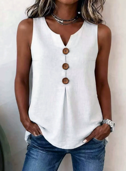 V-neck sleeveless cotton linen button-down top