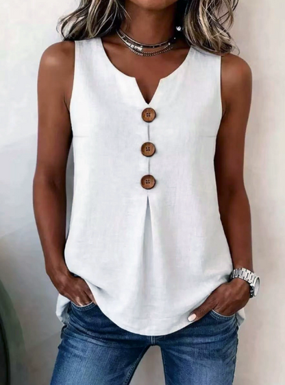 V-neck sleeveless cotton linen button-down top