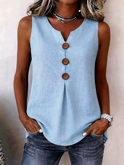 V-neck sleeveless cotton linen button-down top
