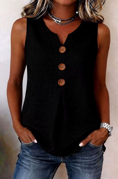 V-neck sleeveless cotton linen button-down top