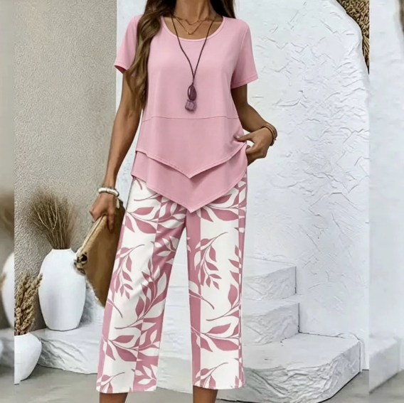 🔥40% OFF for a limited time🔥Casual Round Neck Layered Tunic Top and Wide Leg Pants Set