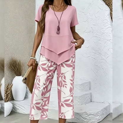 🔥40% OFF for a limited time🔥Casual Round Neck Layered Tunic Top and Wide Leg Pants Set