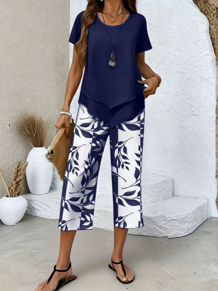 🔥40% OFF for a limited time🔥Casual Round Neck Layered Tunic Top and Wide Leg Pants Set