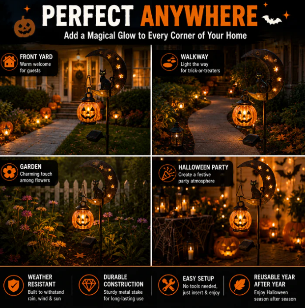 🎃Solar Black Cat & Pumpkin Moon Stake Light