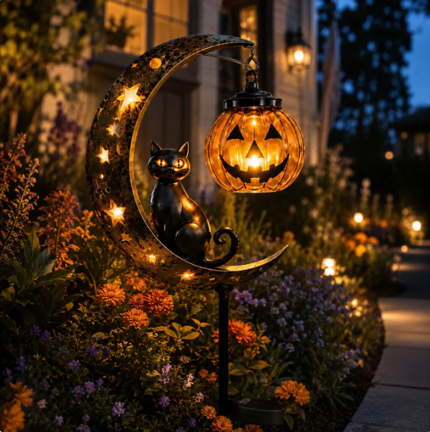 🎃Solar Black Cat & Pumpkin Moon Stake Light
