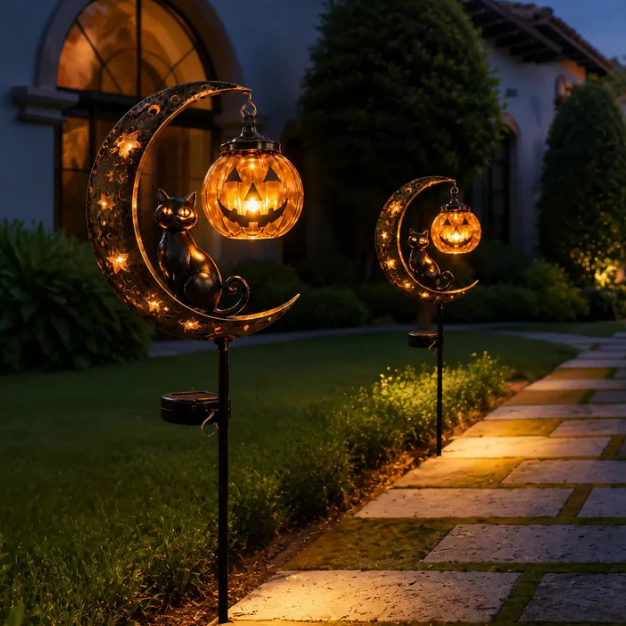 🎃Solar Black Cat & Pumpkin Moon Stake Light