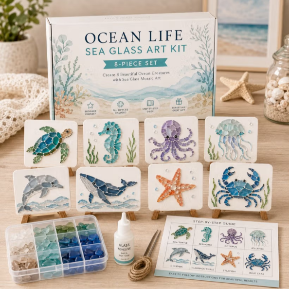 DIY Sea Glass Mosaic Craft Kit, Ocean Life & Garden Art Supplies for Starters, Beautiful Coastal Home Ornament, Creative Handcraft Gift for Women