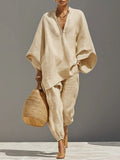 Loose Linen-Blend Two-Piece Set – Casual V-Neck Top + Joggers