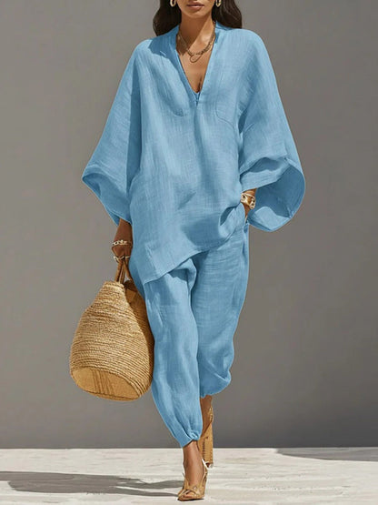 Loose Linen-Blend Two-Piece Set – Casual V-Neck Top + Joggers