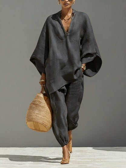 Loose Linen-Blend Two-Piece Set – Casual V-Neck Top + Joggers