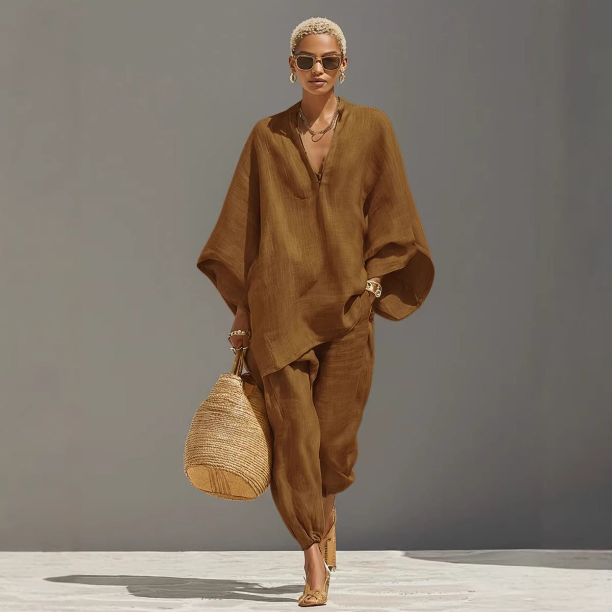 Loose Linen-Blend Two-Piece Set – Casual V-Neck Top + Joggers