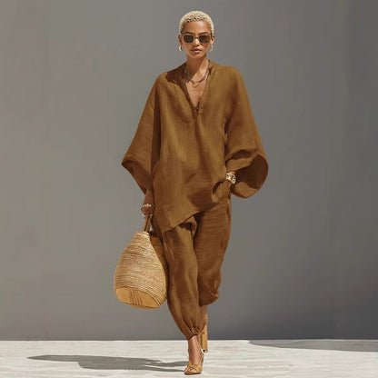 Loose Linen-Blend Two-Piece Set – Casual V-Neck Top + Joggers
